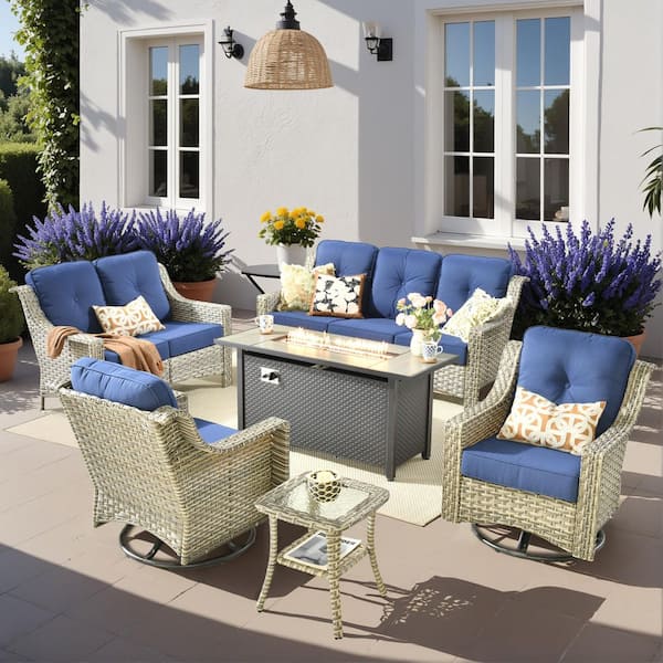 Eureka 6-Piece Wicker Patio Conversation Sofa Seating Set with Metal Fire Pit Table and Navy Blue Cushions