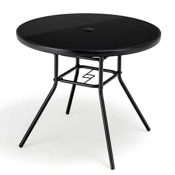 Costway 34 in. Patio Dining Table Round Tempered Glass Tabletop with 1.5 in. Umbrella Hole