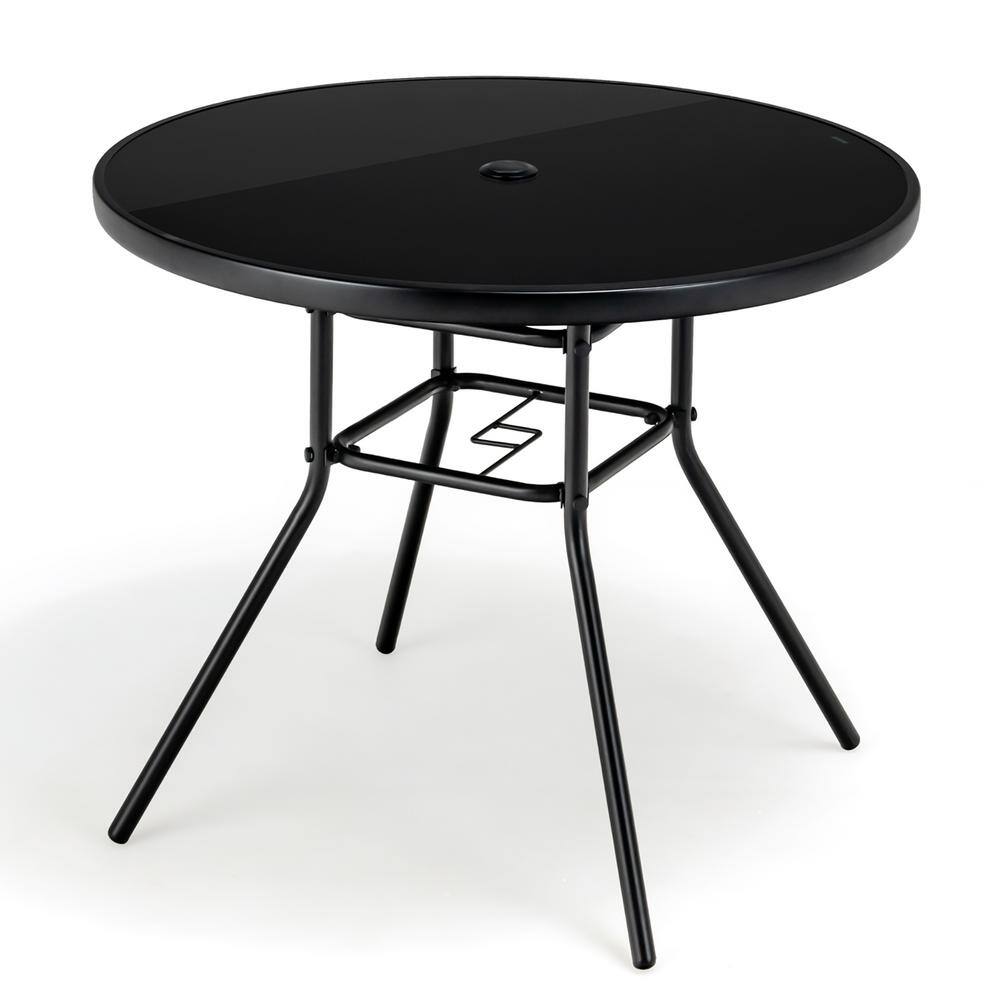 Costway 34 in. Patio Dining Table Round Tempered Glass Tabletop with 1. ...