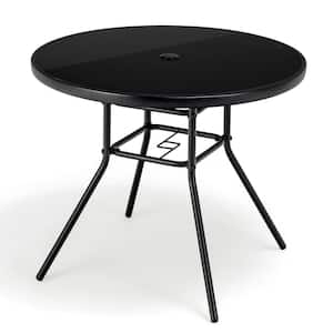 34 in. Patio Dining Table Round Tempered Glass Tabletop with 1.5 in. Umbrella Hole