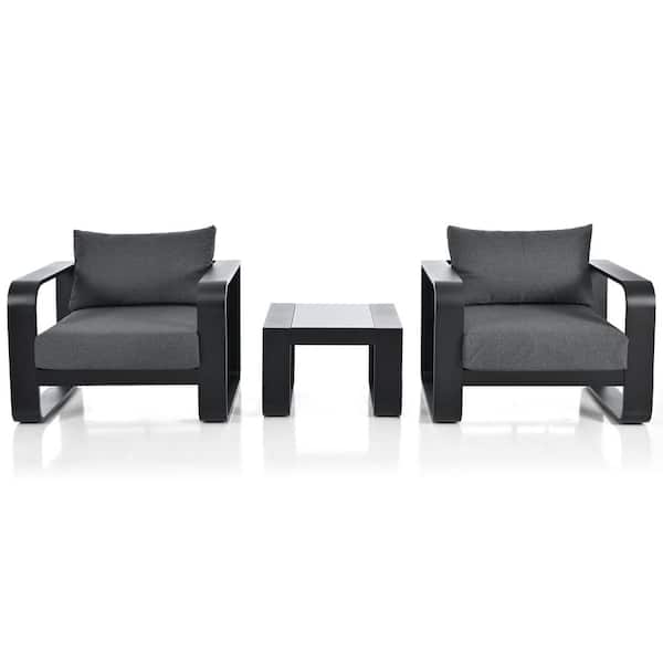 Unbranded Black 3-piece Aluminum All Weather Outdoor Patio Sectional Set with Gray Thick Cushion And Coffee Table
