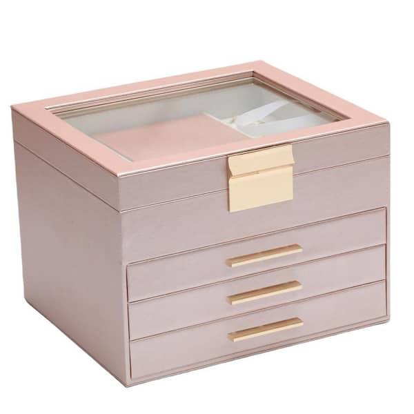 Rose Gold 4-Layers Rectangular Clear Lid Jewelry Box with 2-Drawers Jewelry Display Case of Rings Earrings Necklace