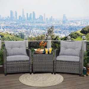 3-Piece Patio Rattan Sofa Set Outdoor Wicker Conversation Set Glass Tabletop w/Grey Cushion