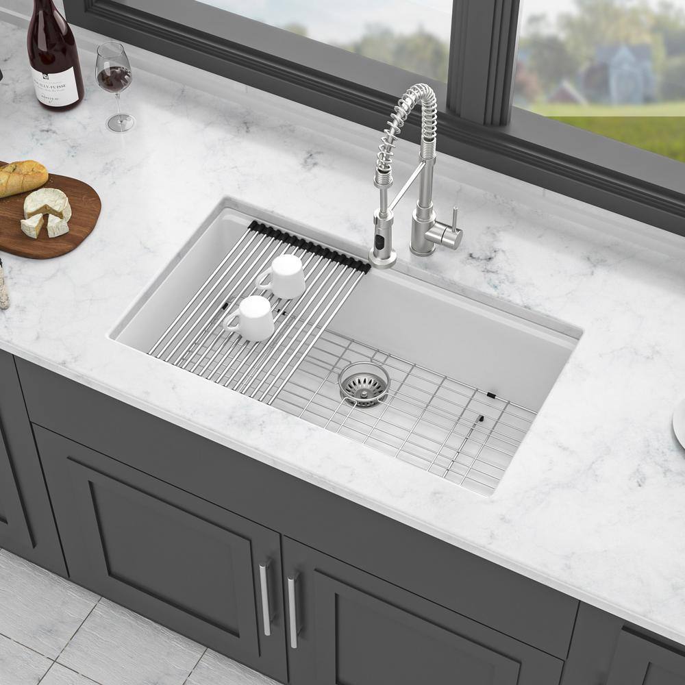 33 in. White Quartz Undermount Single Bowl Workstation Sink