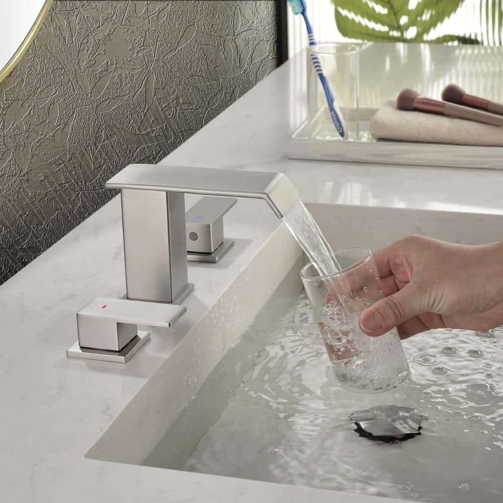 Brushed Nickel 8-Inch Widespread Waterfall Bathroom Faucet
