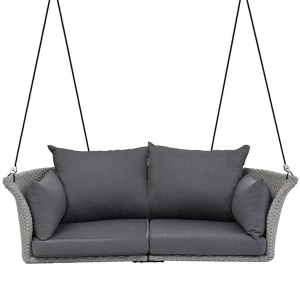 Unbranded 2-Person Gray Wicker Porch Swing with Gray Cushion and Pillow