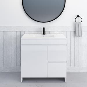 Mace 36 in. W x 18 in. D x 34 in. H Bath Vanity in Glossy White with White Ceramic Top and Right-Side Drawers