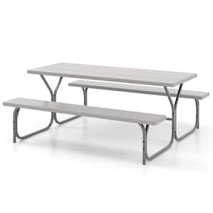 72 in. Gray Rectangle Metal Picnic Table Bench Set with HDPE Tabletop with Umbrella Hole for 8 Person