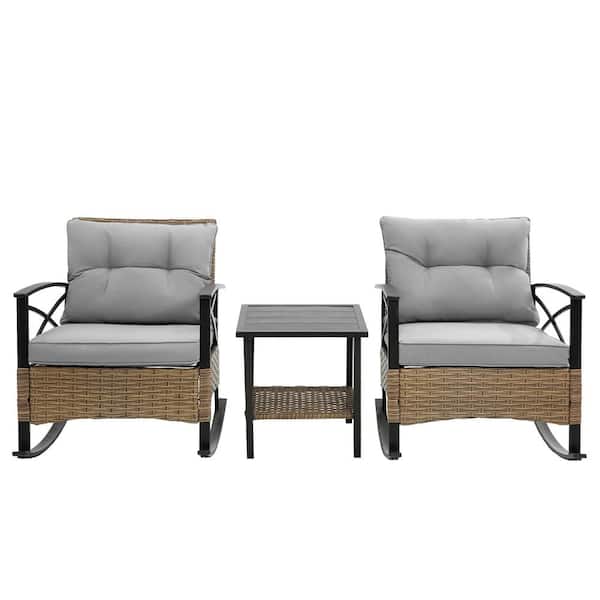 Kahomvis 3-Piece Wicker Patio Conversation Set Rattan Rocking Chair Set with Steel Frame and Gray Cushions