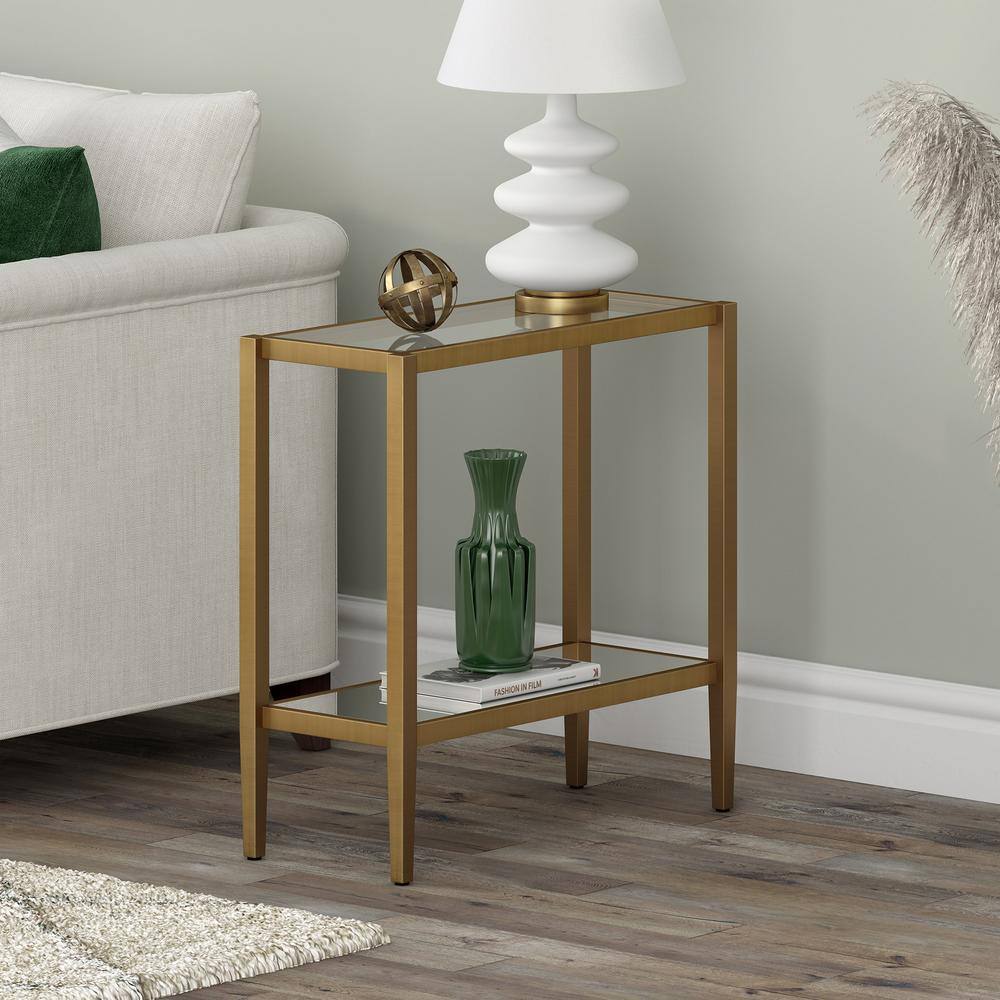 Antique Brass Rectangular Side Table with Tempered Glass Shelf