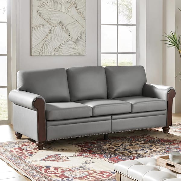 JAYDEN CREATION Felipe Transitional 81.1 in. W 3-Seat Faux Leather Sofa with Solid Wood Legs in Grey