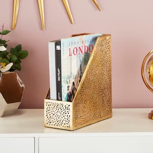 Gold Standing Magazine Holder with Laser Carved Floral Design