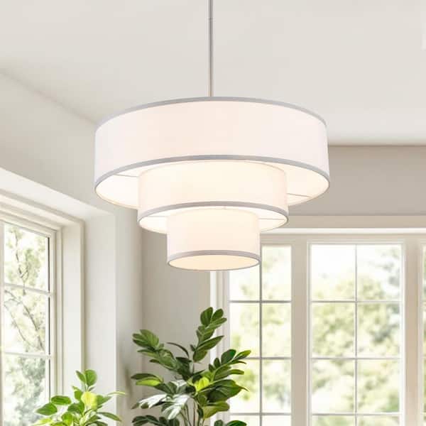 24 in. 5-Light Brushed Nickel Tiered Drum Chandelier with White Farbic Shade