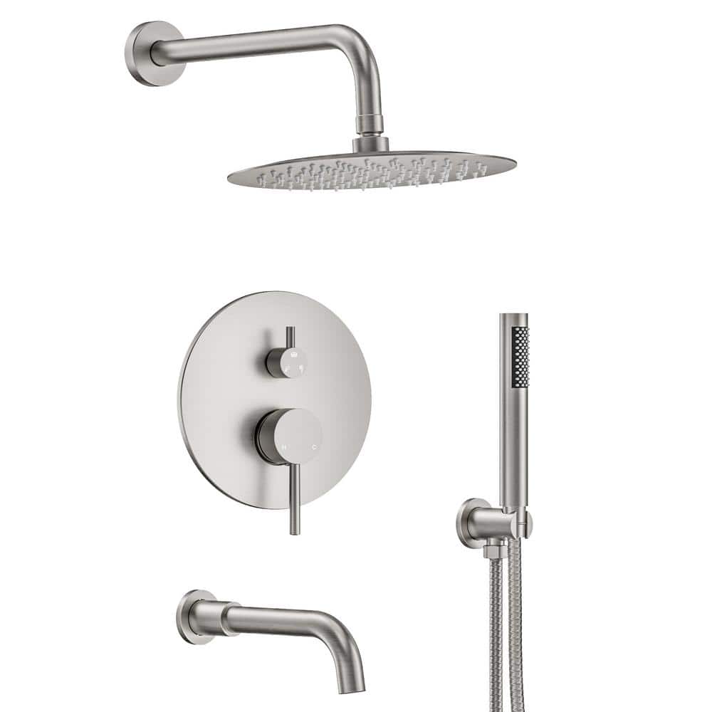 Shower System Wall Mounted with 10 in. Round Rainfall Shower head and Handheld Shower Head Set, Brushed Nickel Shower System Wall Mounted with 10 in. Round Rainfall Shower head and Handheld Shower Head Set, Brushed Nickel