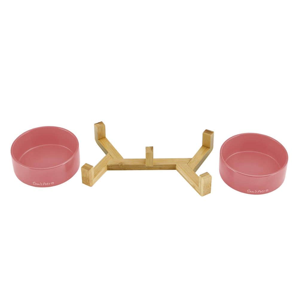 Pink Ceramic Dual Pet Bowl with Wooden Stand