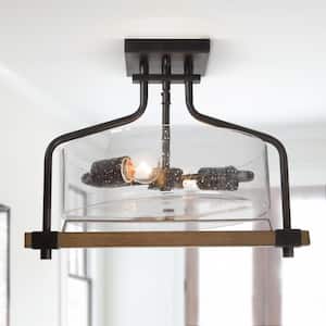 Drum 2-Light Modern Rustic Black Semi-Flush Mount Ceiling Light Seeded Clear Glass Shade and Distressed Wood Accents