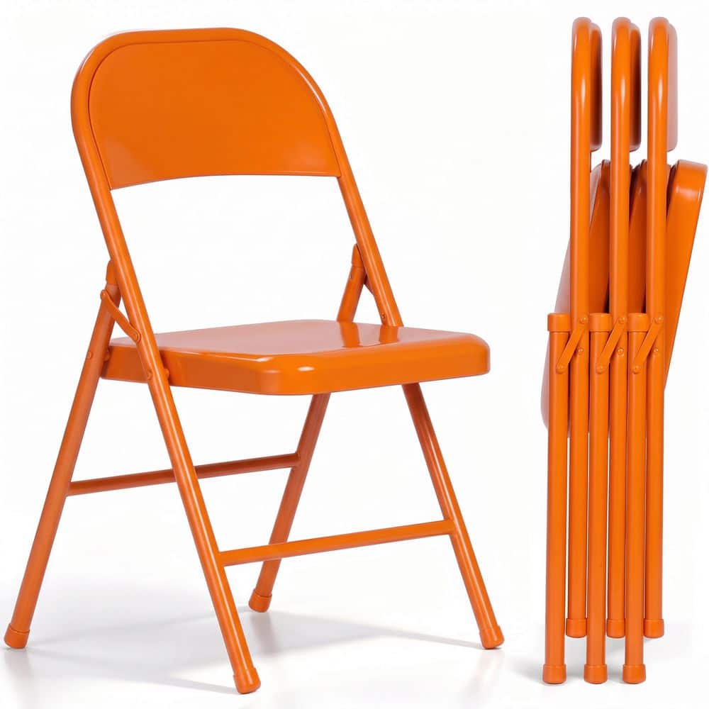 Orange Metal Folding Chairs Set of 4, Heavy Duty Stackable Fold Up Chairs for Indoor Outdoor Events, Standard Seat