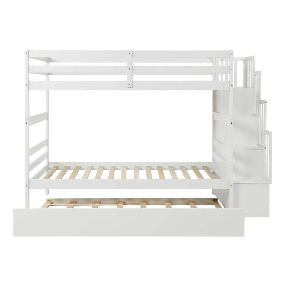 White Twin Over Twin Bunk Bed with Twin Size Trundle, Staircase and Guardrails, Can be Divided into 3 Individual Beds -  ANBAZAR, FF140-0