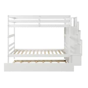 White Twin Over Twin Bunk Bed with Twin Size Trundle, Staircase and Guardrails, Can be Divided into 3 Individual Beds