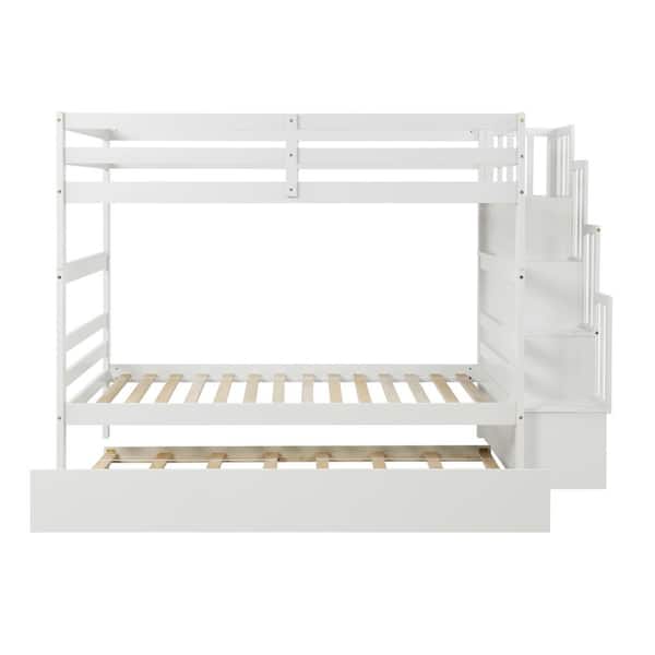 ANBAZAR White Twin Over Twin Bunk Bed with Twin Size Trundle, Staircase and Guardrails, Can be Divided into 3 Individual Beds