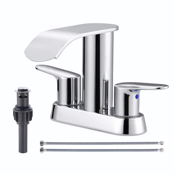 ALEASHA 4 in. Centerset Double Handle WaterFall Bathroom Faucet with Drain Kit Included in Chrome
