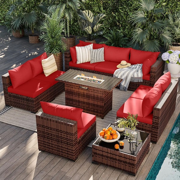 Brown 10-Piece Wicker Sofa Set, Outdoor Seating Group with Red Cushions & Firepit