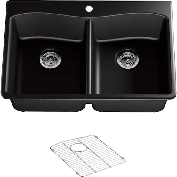 KOHLER Kennon Drop-in/Undermount Neoroc Granite Composite 33 in. Double Bowl Kitchen Sink with Artifacts Faucet in Matte Black