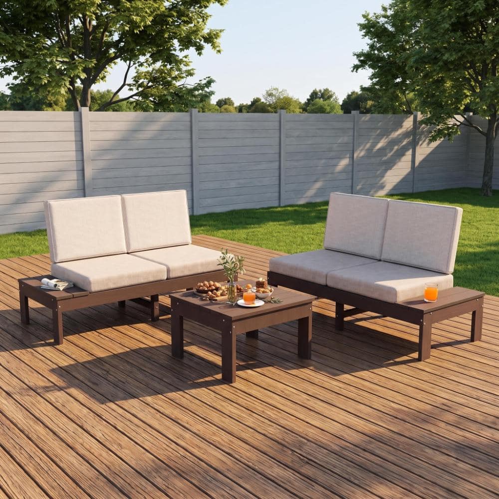 3-Piece HDPE Outdoor Sofa Set with Beige Cushions and Coffee Table for Garden price history on PriceWatchPro