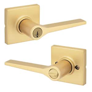 Kwikset Halifax Satin Brass Rectangle Keyed Entry Door Lever with