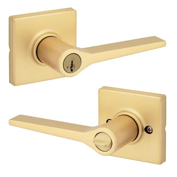 Hollis Satin Brass Square Keyed Entry Door Handle featuring SmartKey Security