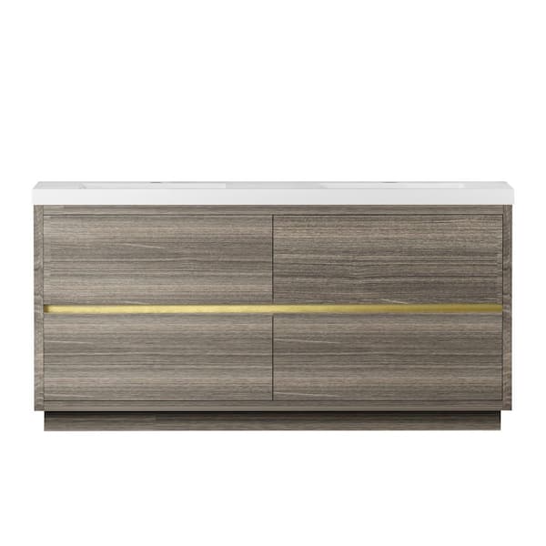 72 in. Freestanding Grey Ash Bath Vanity with Glossy White Solid Surface Top Assembled