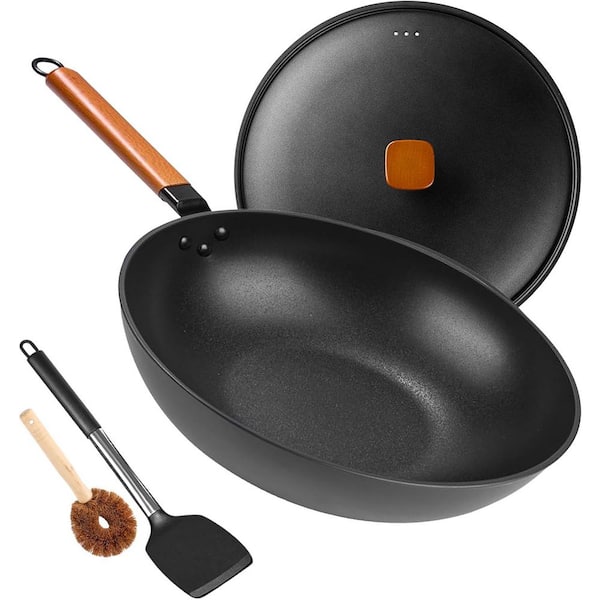 12.9 Inch Carbon Steel Wok Nonstick Flat Bottom Black Pre-Seasoned with Lid and Spatula for All Stovetops