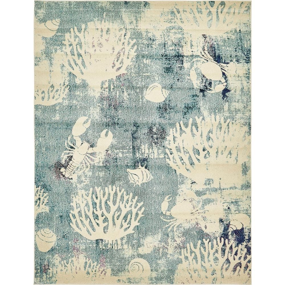 Light Blue Coastal Coral Pattern Synthetic Area Rug, 8' x 10'