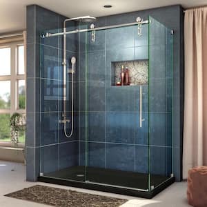 Enigma-Z 34-1/2 in. D x 56-3/8 to 60-3/8 in. W x 76 in. H Frameless Corner Shower Enclosure in Polished Stainless Steel