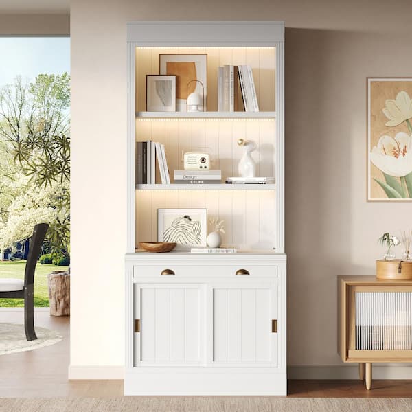 83.4 in. Tall White Solid Wood Bookcase with 3-layer LED Lightings, Sliding Doors and Open Shelves