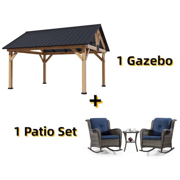 15 ft. x 13 ft. Outdoor Solid Cedar Wood Patio Hardtop Gazebo with Ceiling Hook and Black Galvanized Steel Roof