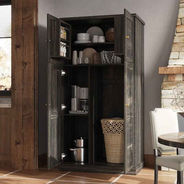 Dark Wood 31.5 in. x 62 in. Pantry Cabinet with Doors, 5-Shelves and Door-Mounted Storage