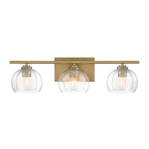 Glint 24 in. 3-Light Legacy Brass Vanity Light with Double Clear Seeded Glass Shades