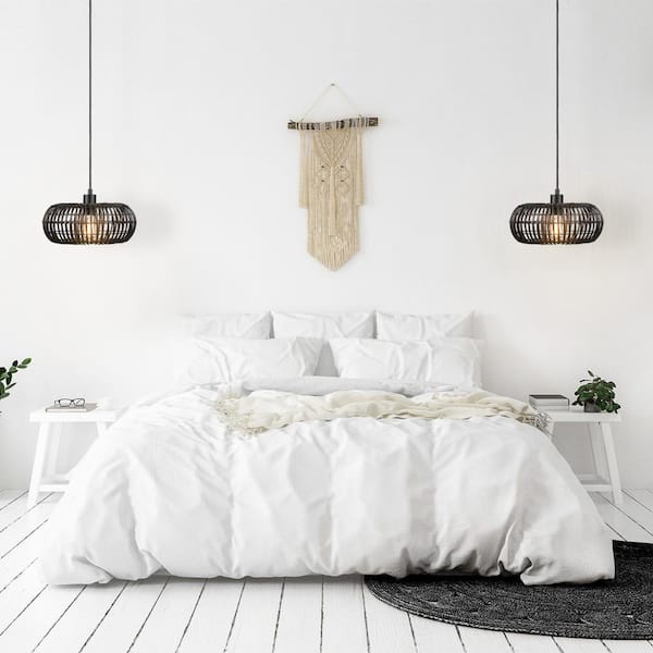 Maren 1-Light Matte Black Shaded Pendant Light with Black Rattan Shade