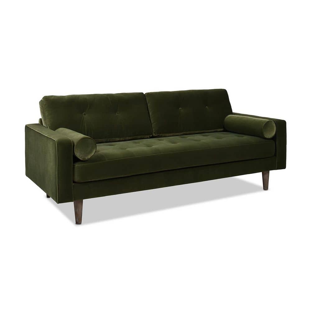 Olive Green Tufted Faux Leather Sofa with Wood Legs