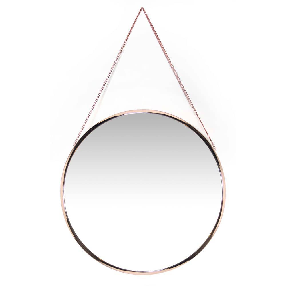 21" Modern Round Wood & Gold Wall Mirror with Metal Chain