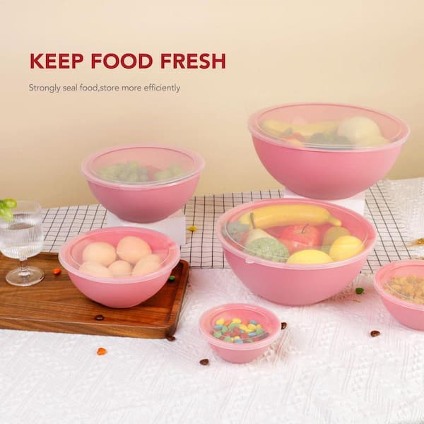 UUDULY 12 Piece Pink Plastic Mixing Bowl Set with Lids, Nesting