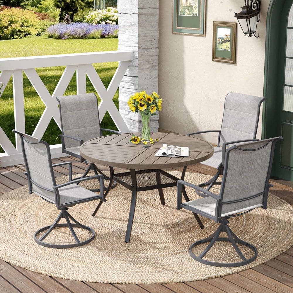5-Piece Metal Textilene Outdoor Patio Dining Set with Gray Wood-Like Round Table and 4 Swivel Dining Chairs in Gray