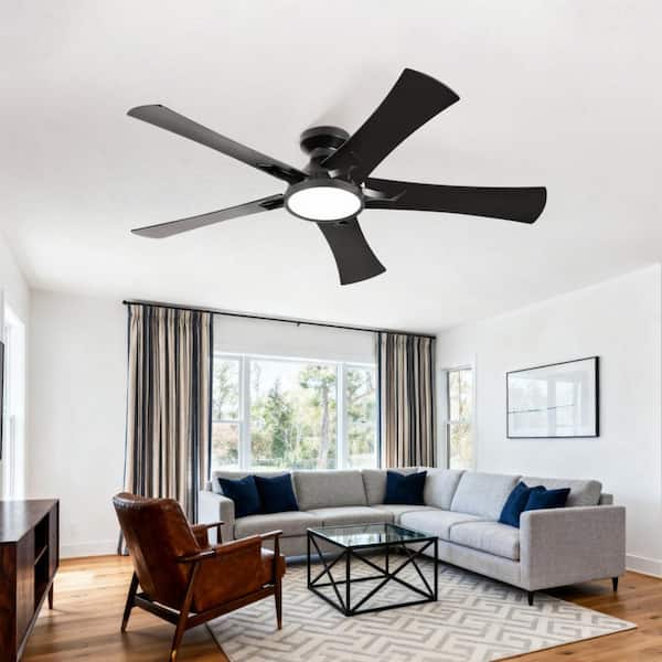 52 in Modern Black App Remote Control Black Flush Mount Standard Ceiling Fan with 3-Color Dimmable LED Light