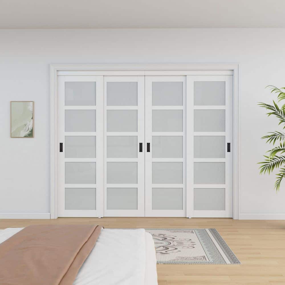96 in. x 80 in. 5-Lite Tempered Frosted Glass Primed White MDF Interior Closet Sliding Door w/ Black Handles & Hardware price history on PriceWatchPro