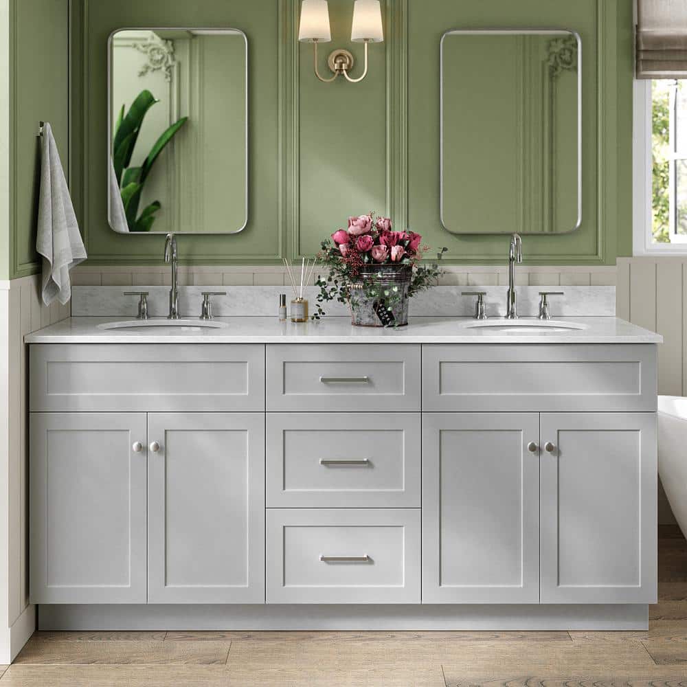 "Hamlet 72 in. Double Sink Freestanding Bathroom Vanity in Gray with 0.75"" Carrara White Marble Top" price history on PriceWatchPro