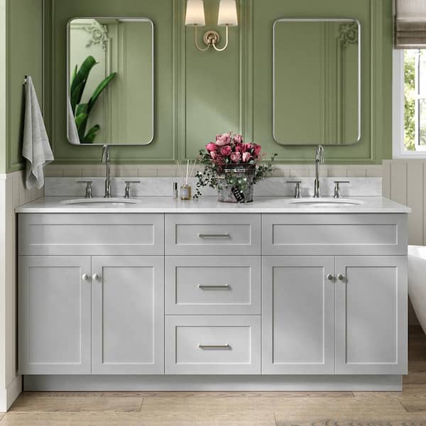 ARIEL Hamlet 73 in. W x 22 in. D x 35.25 in. H Bath Vanity in Grey with Carrara White Marble Vanity Top
