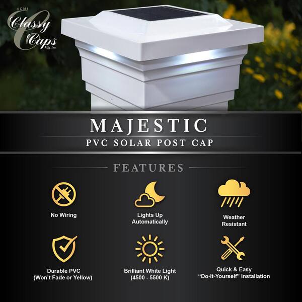 CLASSY CAPS Majestic 5 in. x 5 in. Outdoor White Vinyl LED Solar