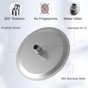 1-Spray Patterns with 2.5 GPM 10 in. Round Wall Mount Ceiling Mount Metal Ultra-Thin Fixed Shower Head in Brushed Nickel