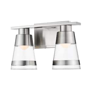 Ethos 13 in. 2-Light Brushed Nickel Integrated LED Shaded Vanity Light with Clear Glass Shade